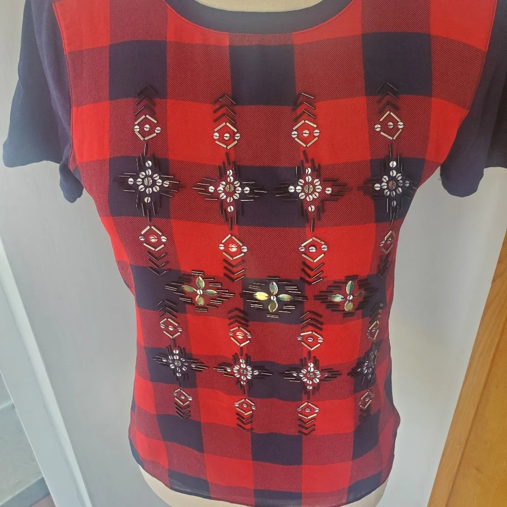 J. Crew Embellished Plaid Tartan T-Shirt/ Tee, XXS